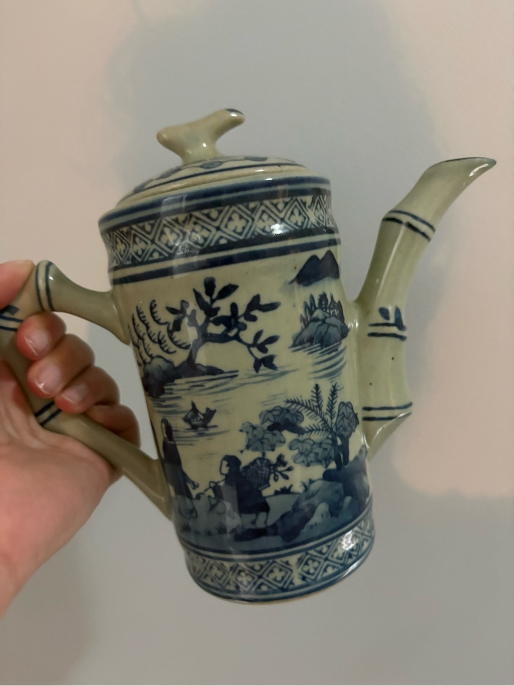 Blue and Cream Ceramic Chinese
Teapot with Scenic Landscape